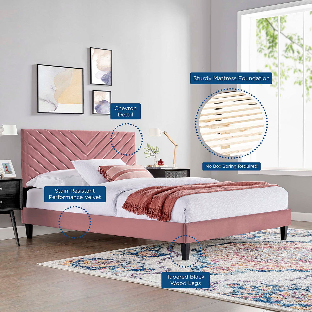 Roxanne Performance Velvet Platform Bed With Black Wood Legs - view 45