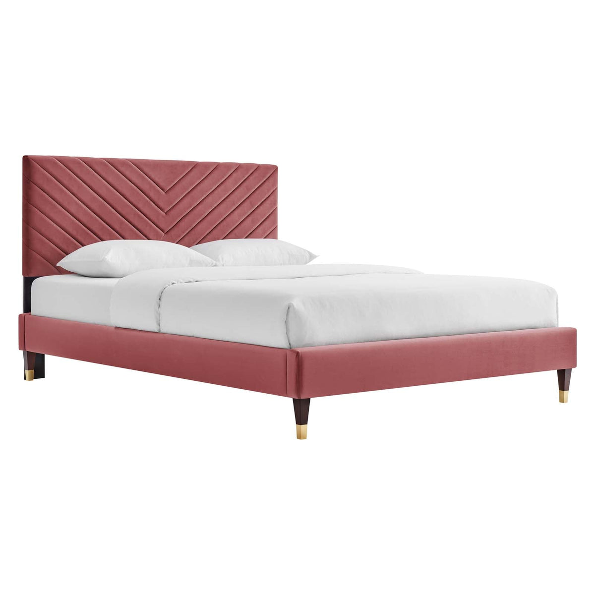 Roxanne Performance Velvet Platform Bed With Wood and Gold Legs - view 1