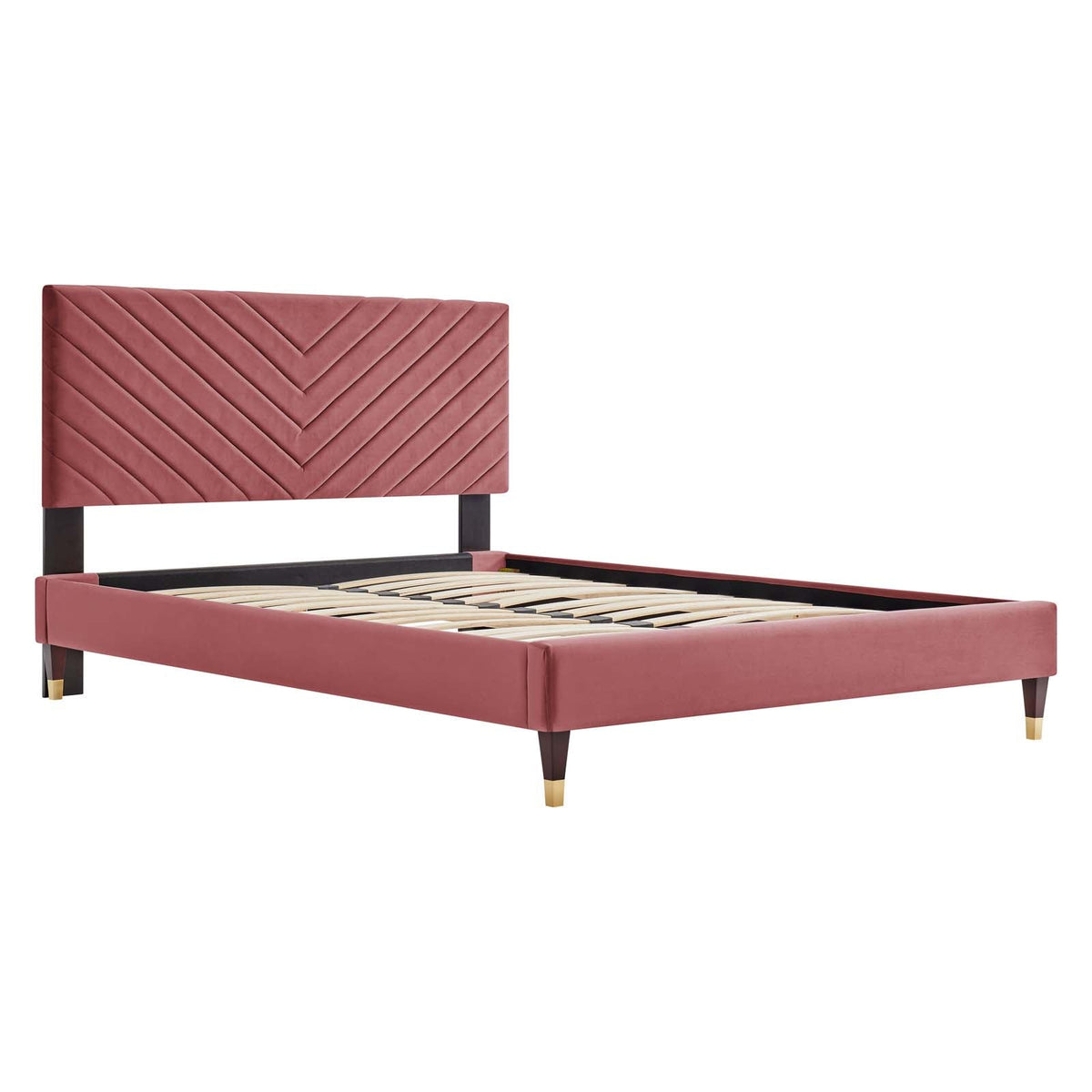 Roxanne Performance Velvet Platform Bed With Wood and Gold Legs - view 3