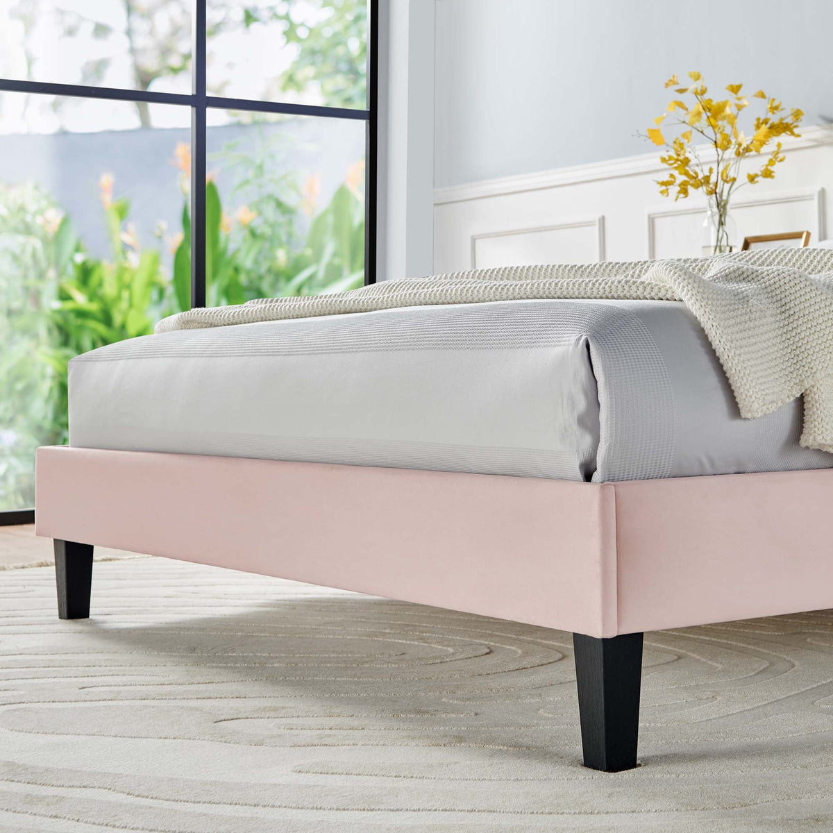 Daisy Performance Velvet Platform Bed With Black Wood Legs