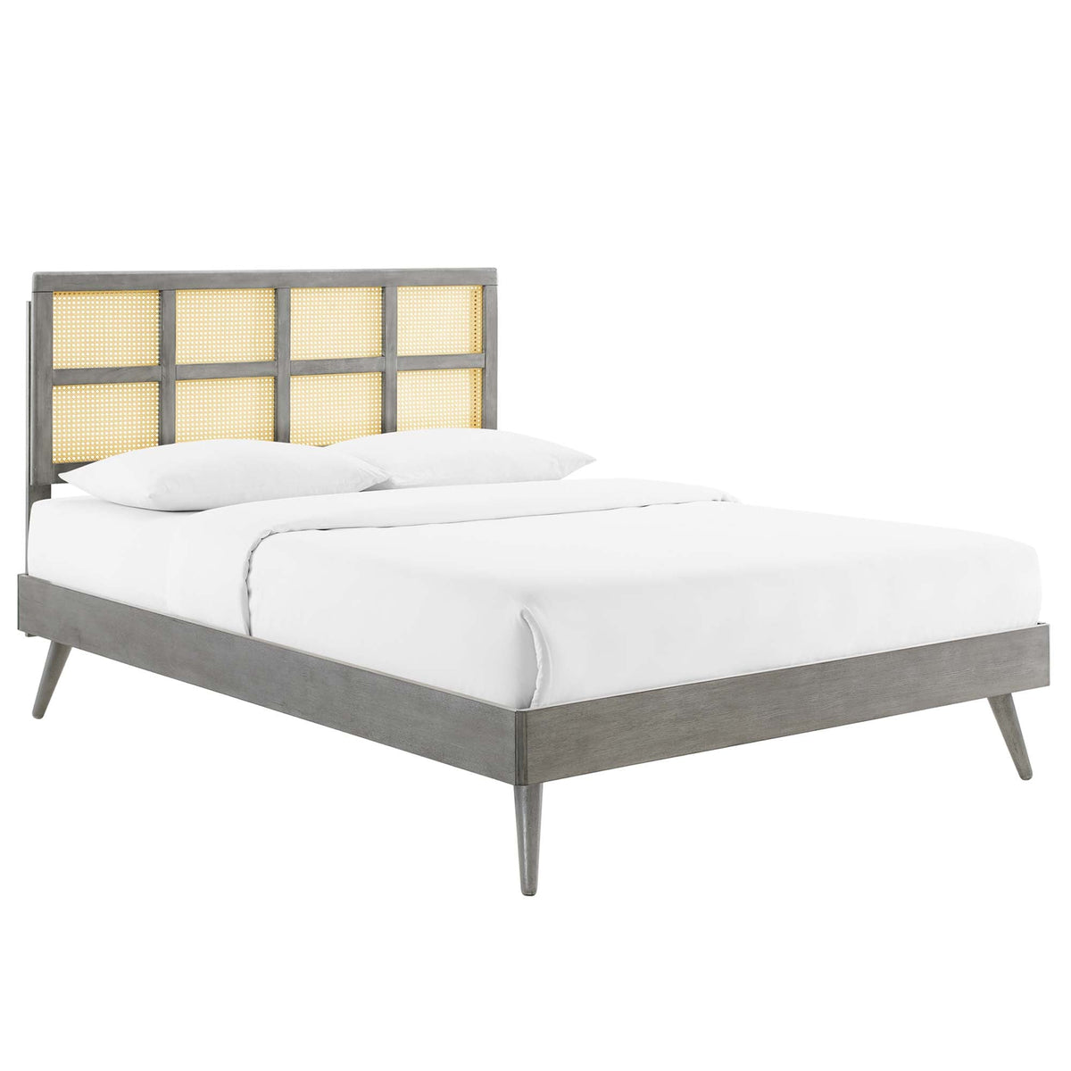 Sidney Cane and Wood Platform Bed With Splayed Legs