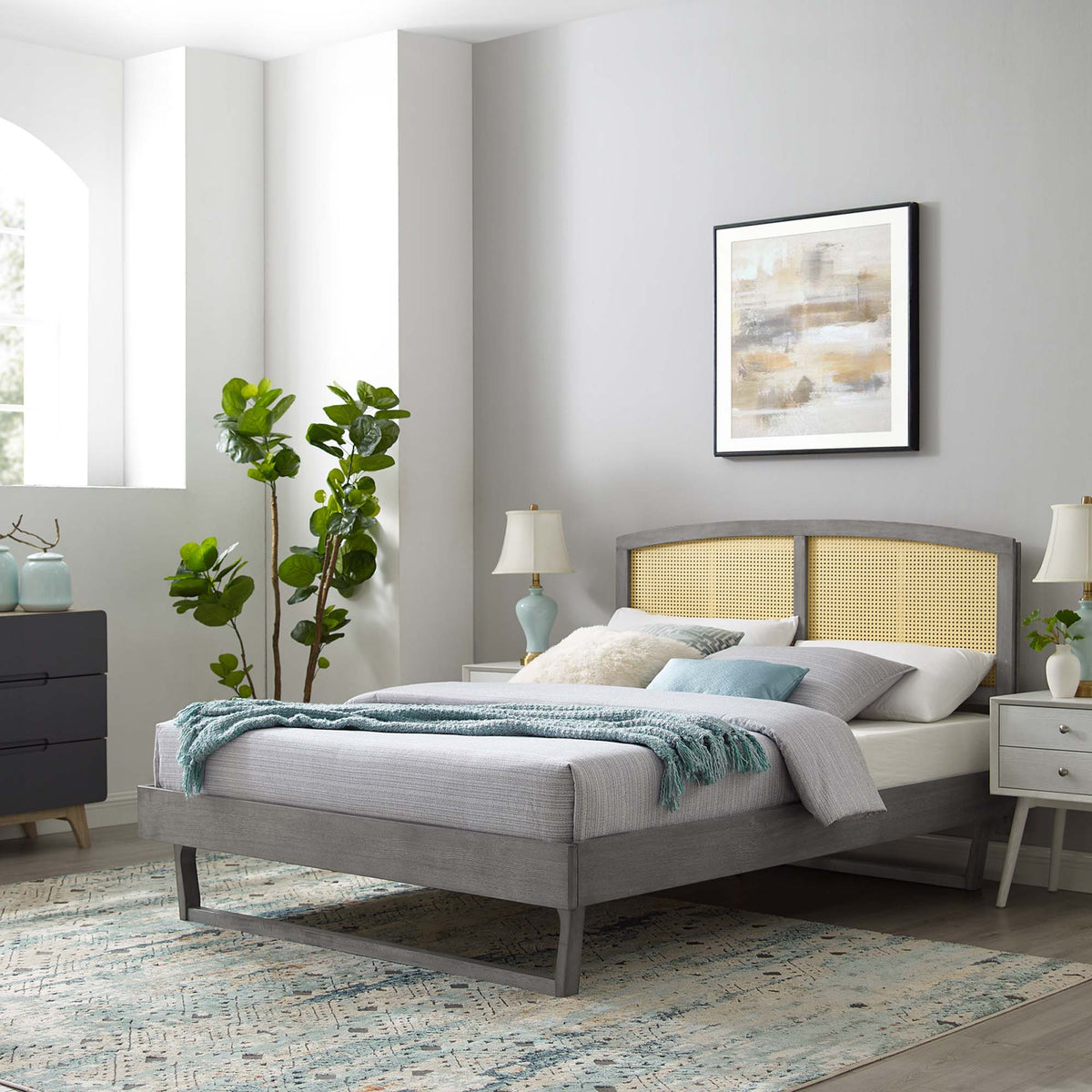 Sierra Cane and Wood Platform Bed With Angular Legs