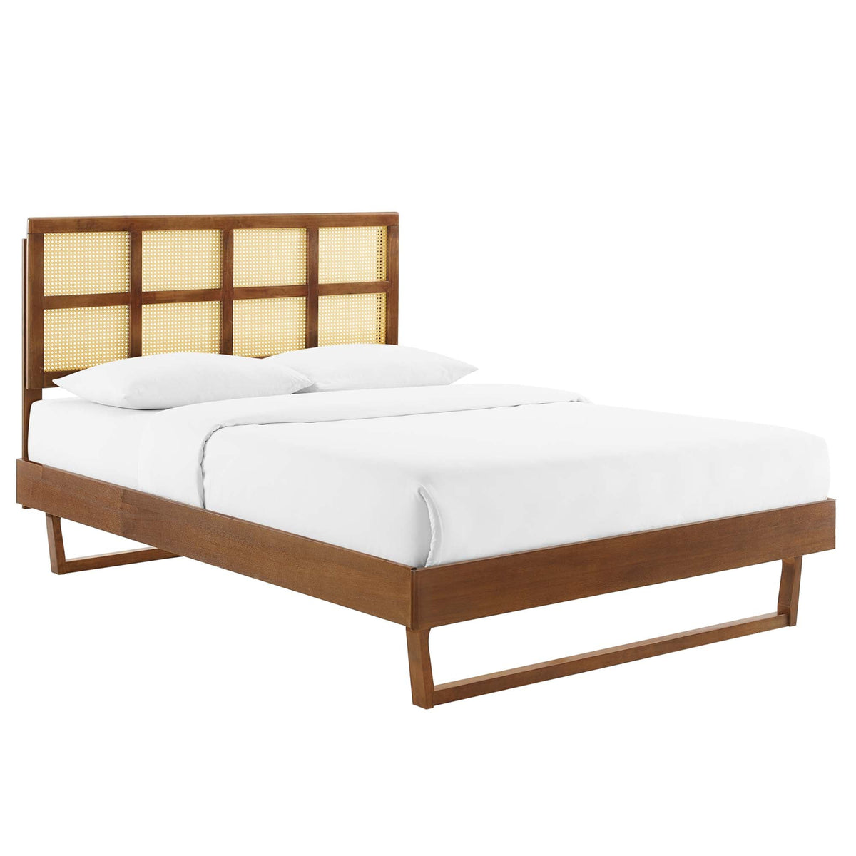 Sidney Cane and Wood Platform Bed With Angular Legs, King, Walnut - view 1