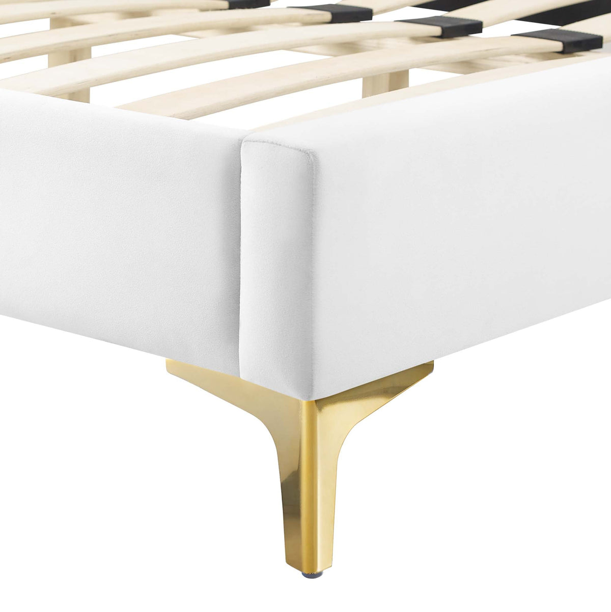 Peyton Performance Velvet Platform Bed With Gold Metal Legs