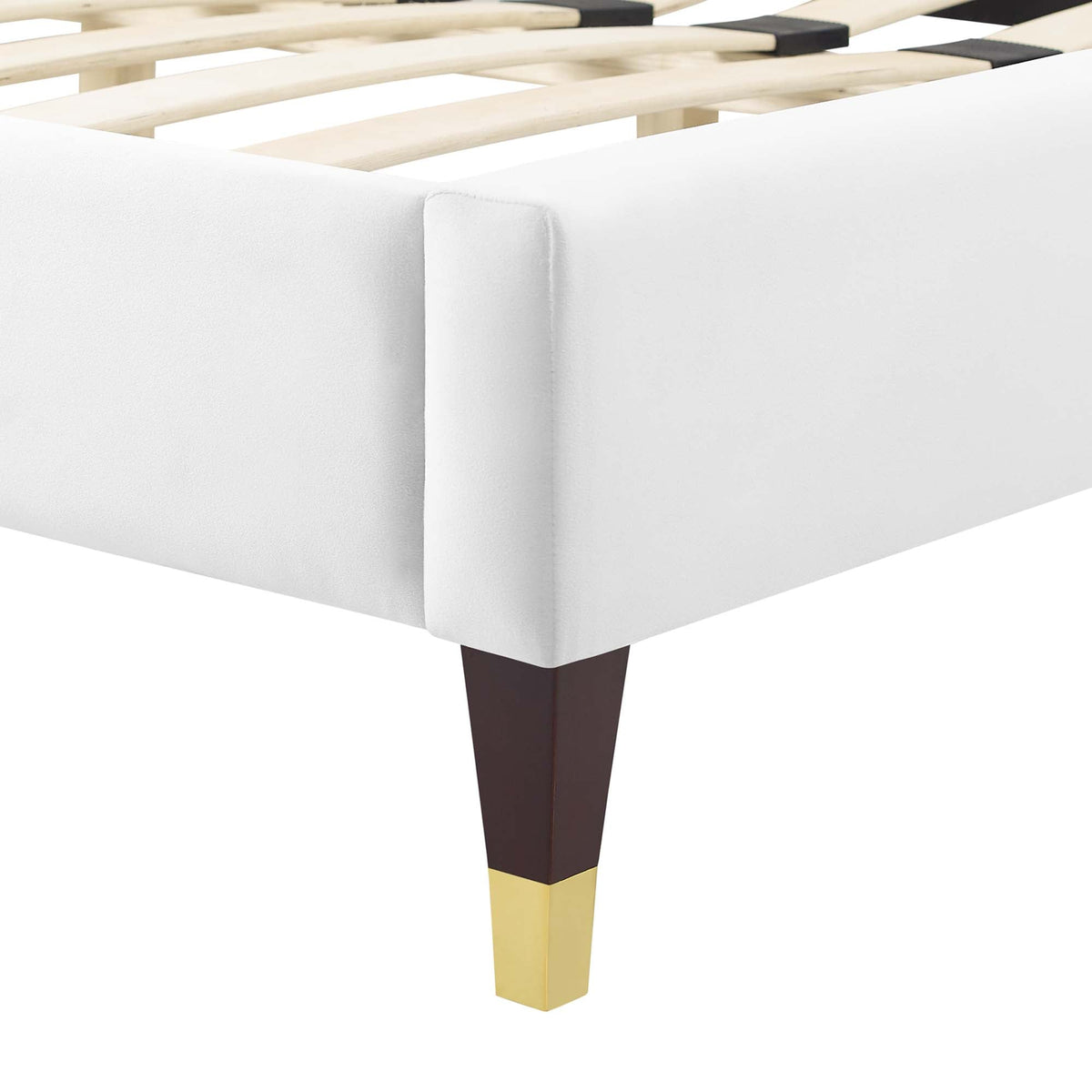 Peyton Performance Velvet Platform Bed With Wood and Gold Legs