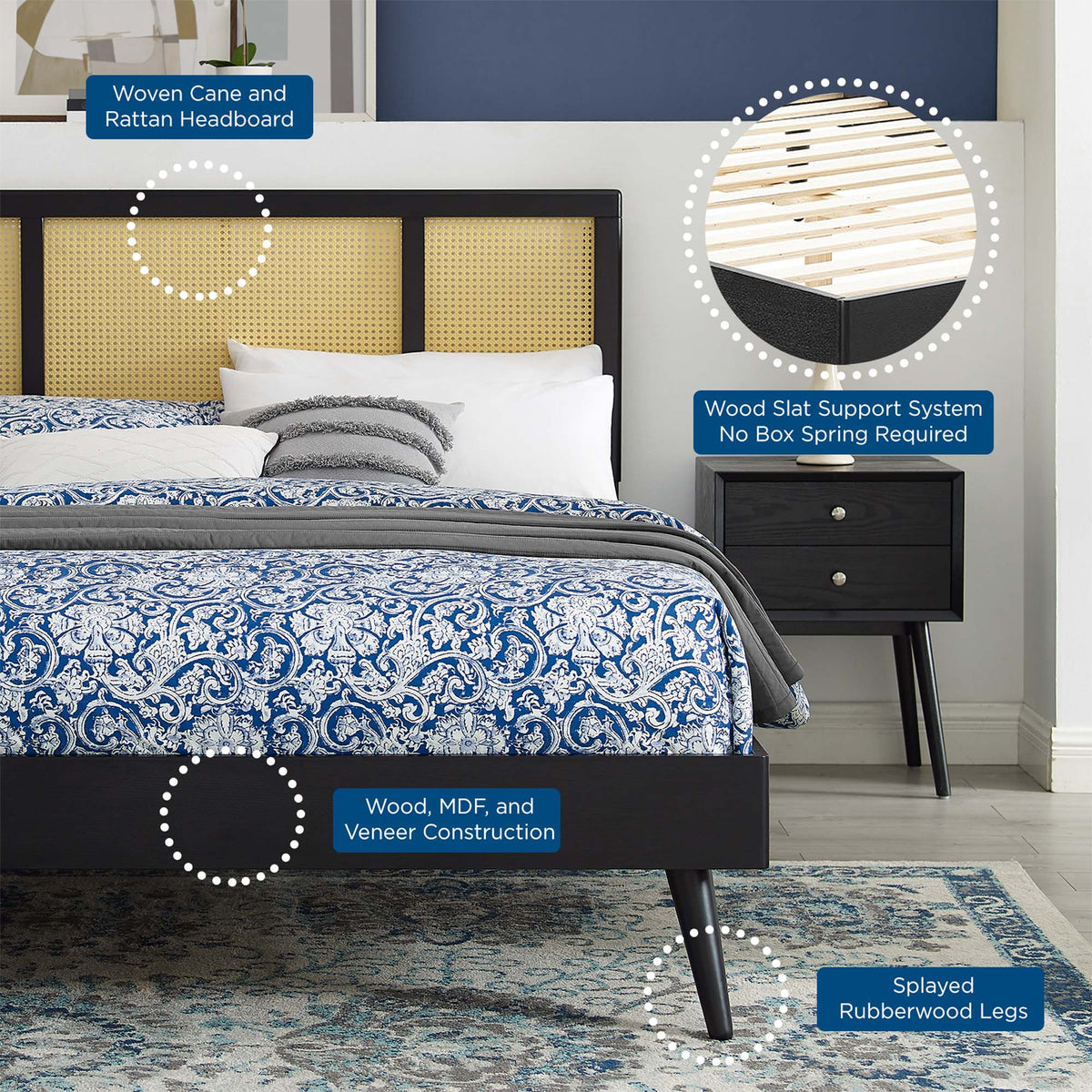 Kelsea Cane and Wood Platform Bed With Splayed Legs