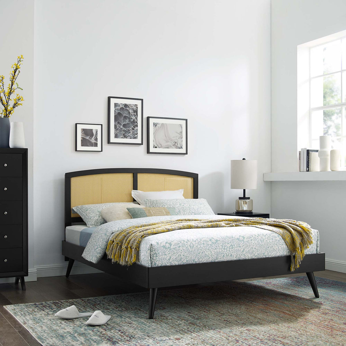 Sierra Cane and Wood Platform Bed With Splayed Legs