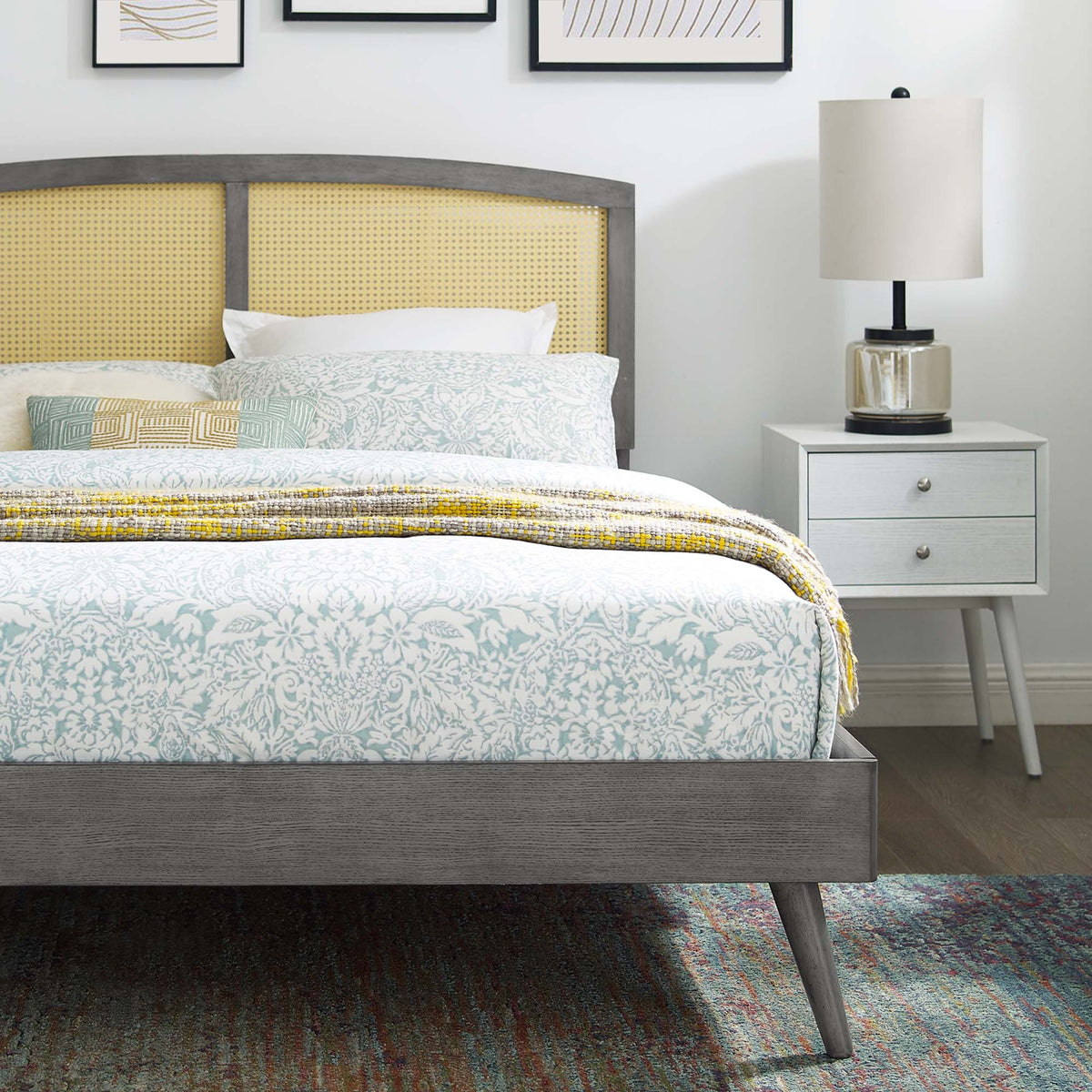 Sierra Cane and Wood Platform Bed With Splayed Legs