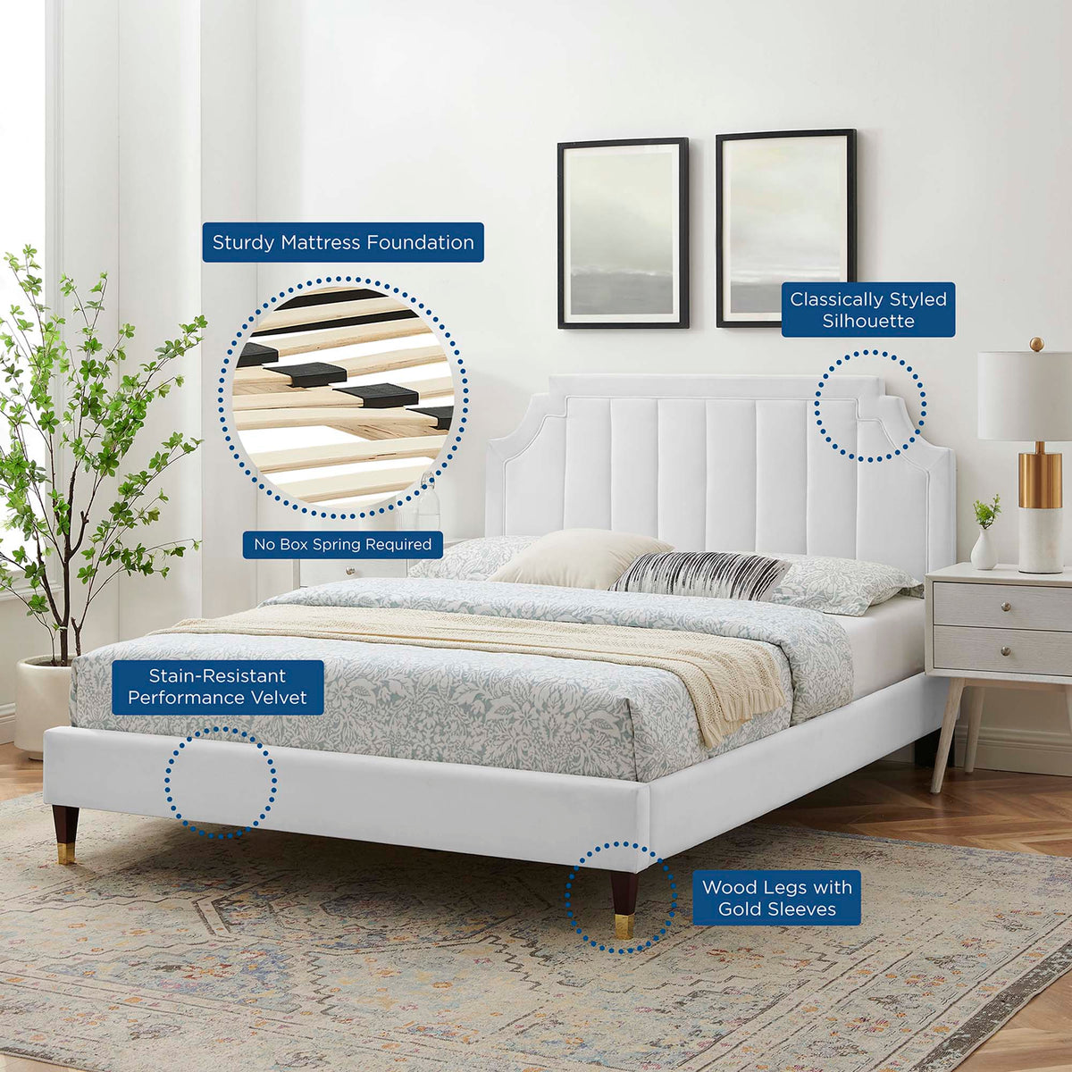 Sienna Performance Velvet Platform Bed With Wood and Gold Legs - view 28