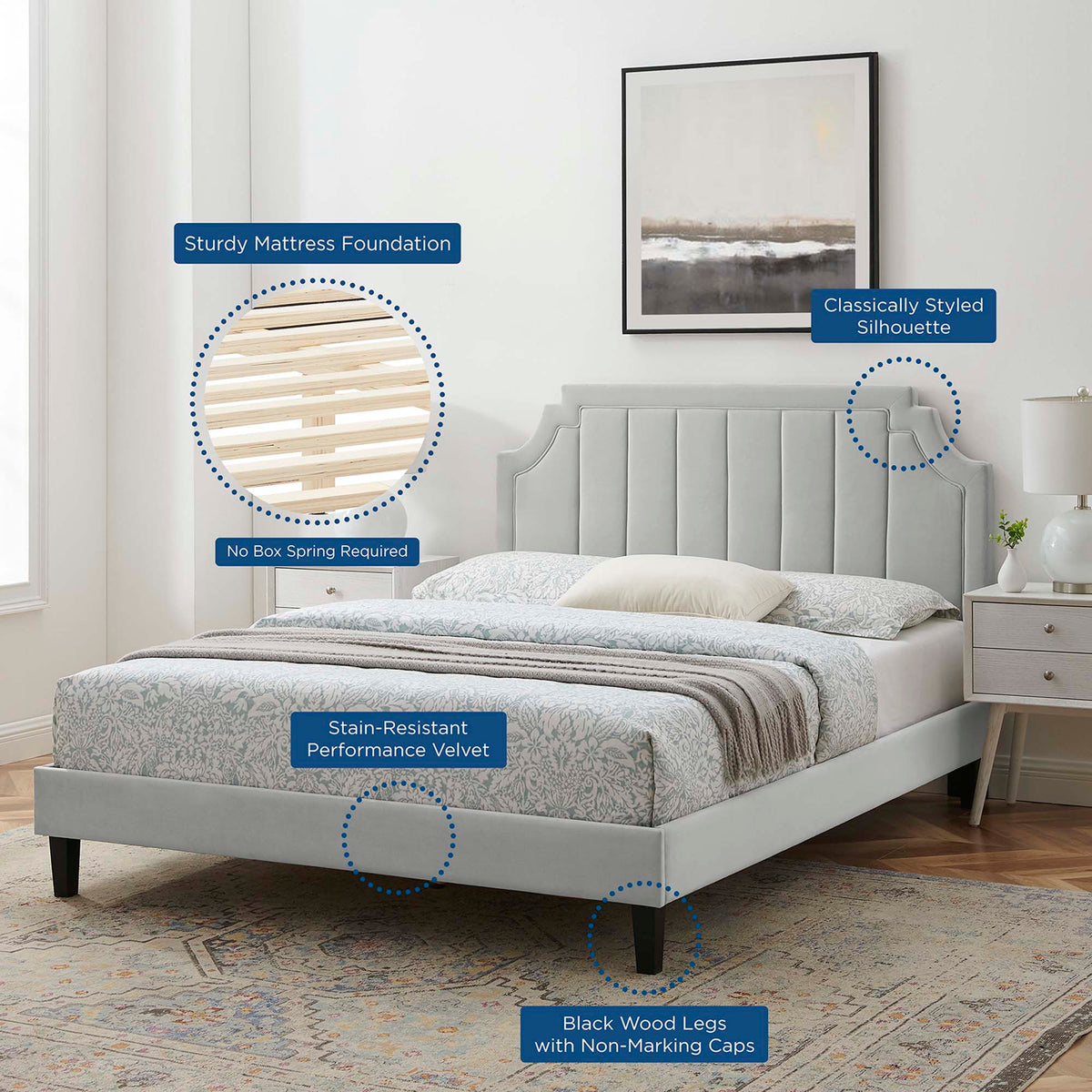 Sienna Performance Velvet Platform Bed With Black Wood Legs - view 49