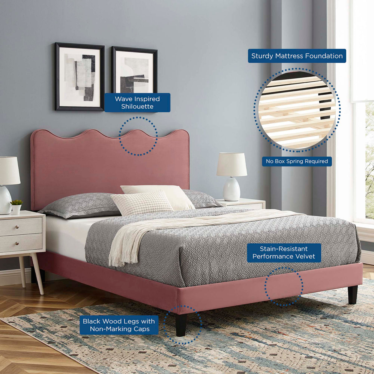 Current Performance Velvet Platform Bed With Black Wood Legs