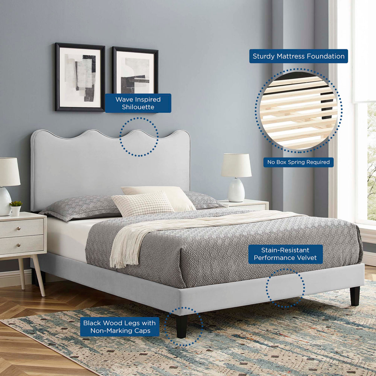 Current Performance Velvet Platform Bed With Black Wood Legs