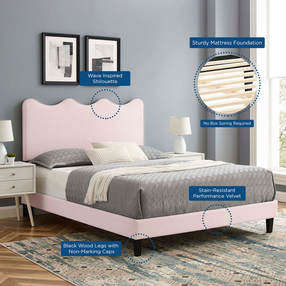 Current Performance Velvet Platform Bed With Black Wood Legs