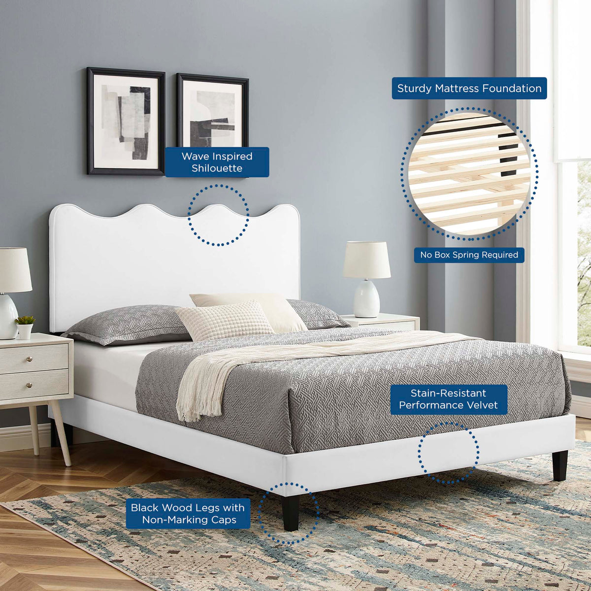 Current Performance Velvet Platform Bed With Black Wood Legs