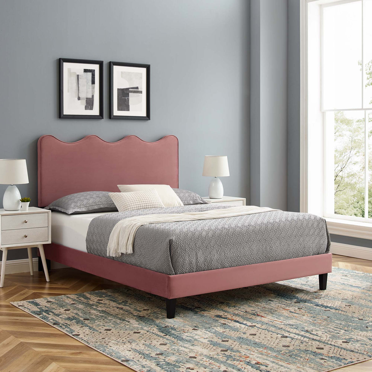 Current Performance Velvet Platform Bed With Black Wood Legs