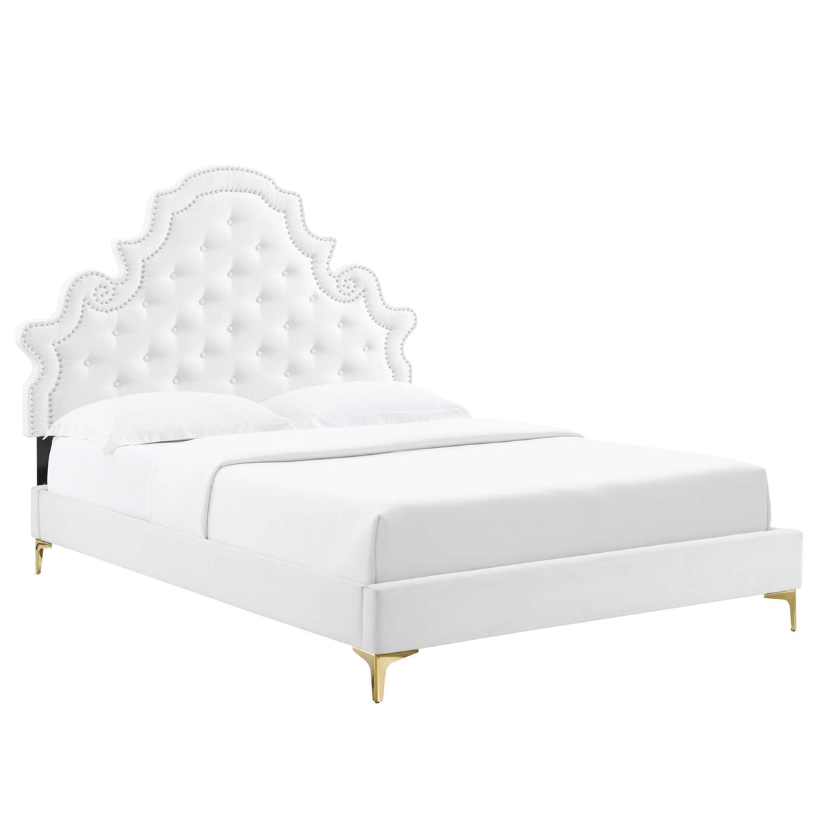 Gwyneth Tufted Performance Velvet Platform Bed With Gold Metal Legs