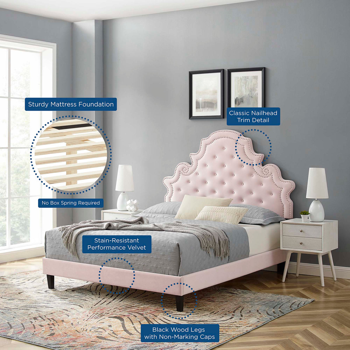 Gwyneth Tufted Performance Velvet Platform Bed With Black Wood Legs