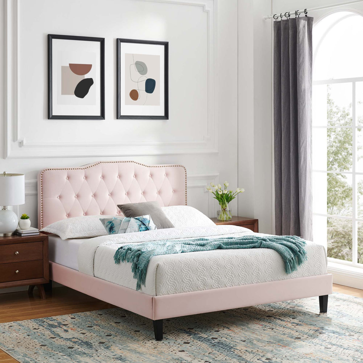 Amber Performance Velvet Platform Bed With Black Wood Legs