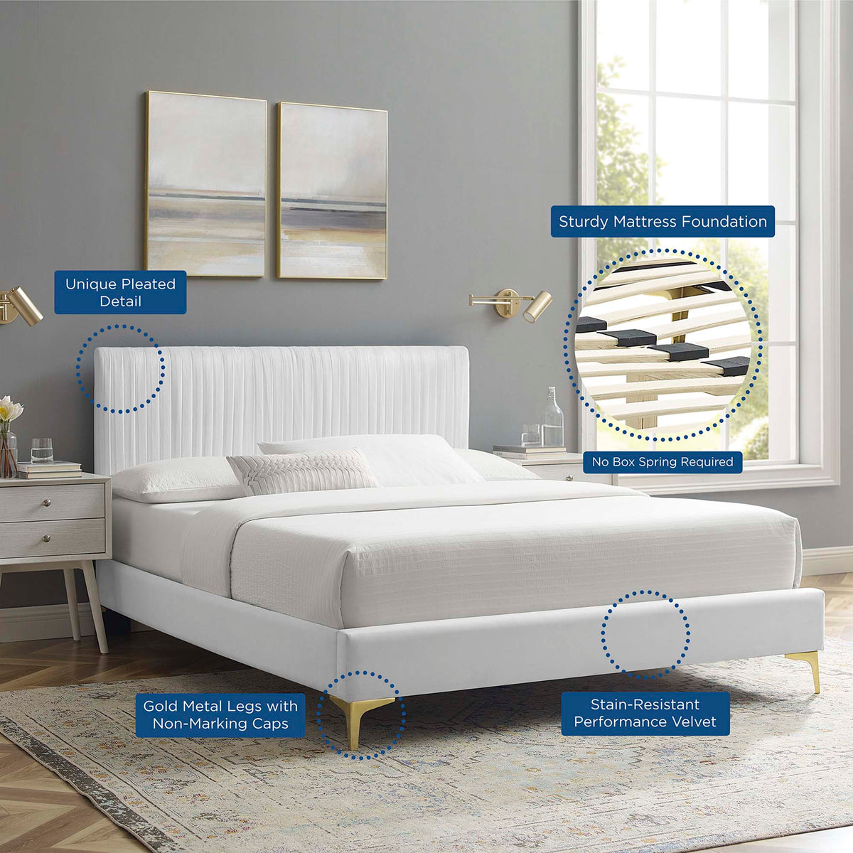 Peyton Performance Velvet Platform Bed With Gold Metal Legs