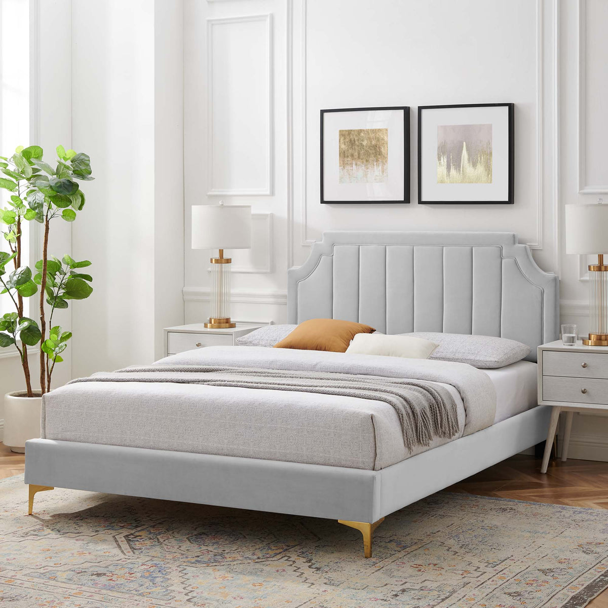Sienna Performance Velvet Platform Bed With Gold Metal Legs - view 49