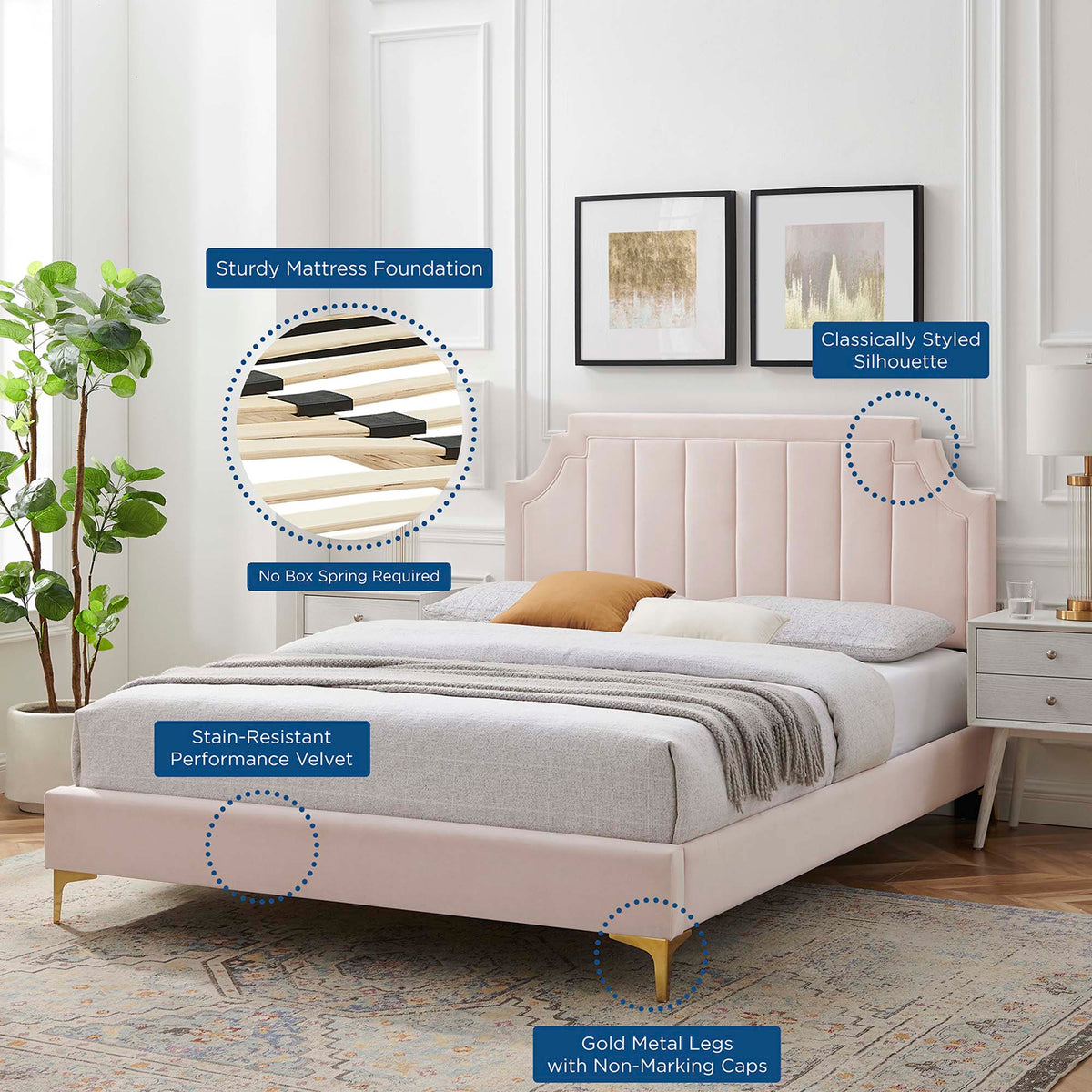 Sienna Performance Velvet Platform Bed With Gold Metal Legs - view 45