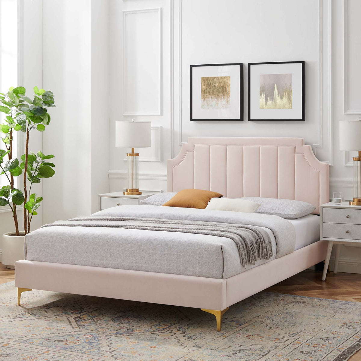 Sienna Performance Velvet Platform Bed With Gold Metal Legs - view 54