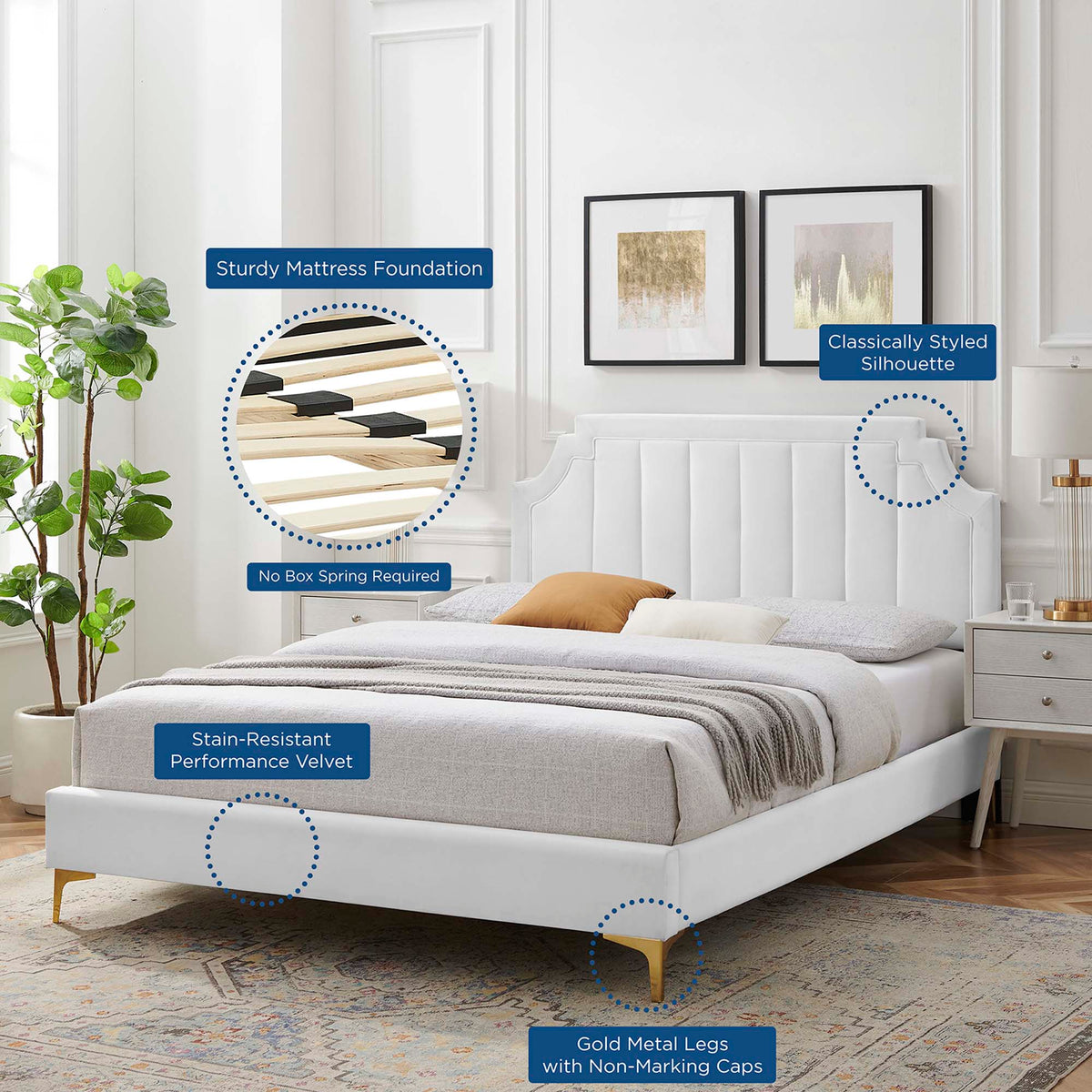 Sienna Performance Velvet Platform Bed With Gold Metal Legs - view 47
