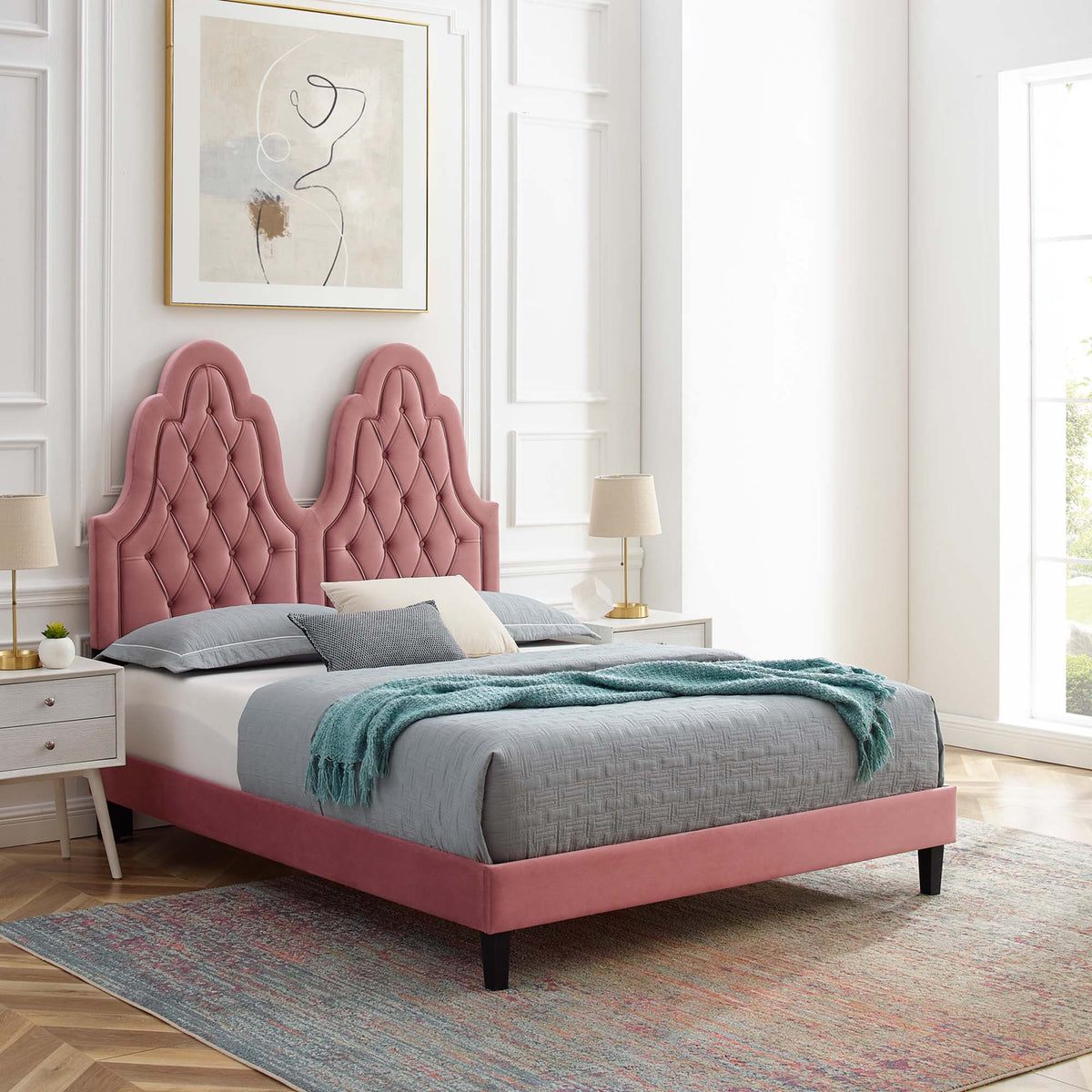 Alexandria Tufted Performance Velvet Platform Bed With Black Wood Legs
