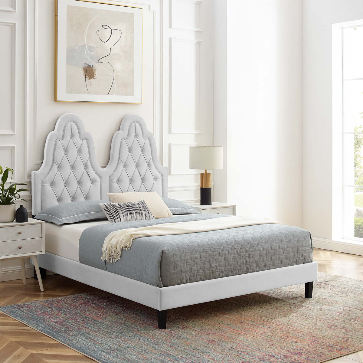 Alexandria Tufted Performance Velvet Platform Bed With Black Wood Legs
