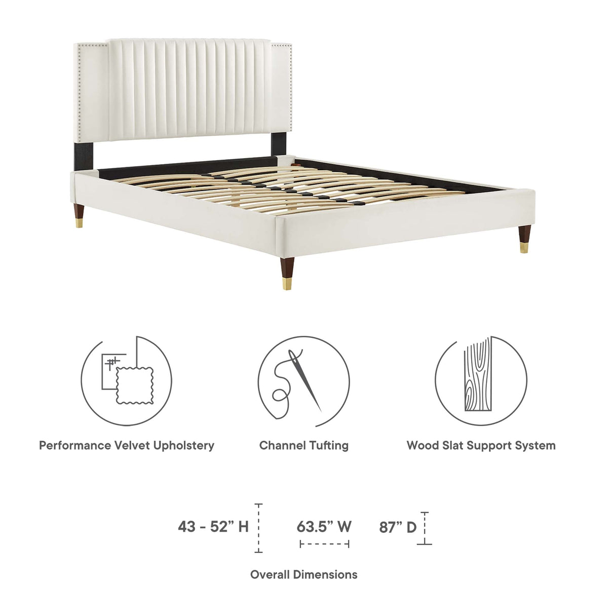 Zahra Channel Tufted Performance Velvet Platform Bed With Wood and Gold Legs