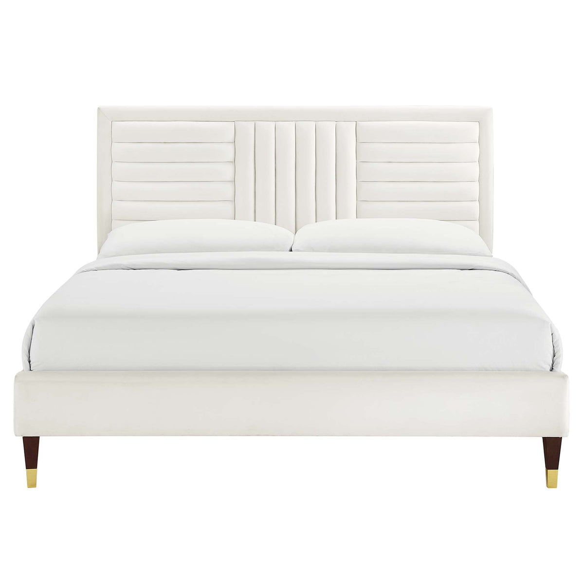 Sofia Channel Tufted Performance Velvet Platform Bed With Wood and Gold Legs