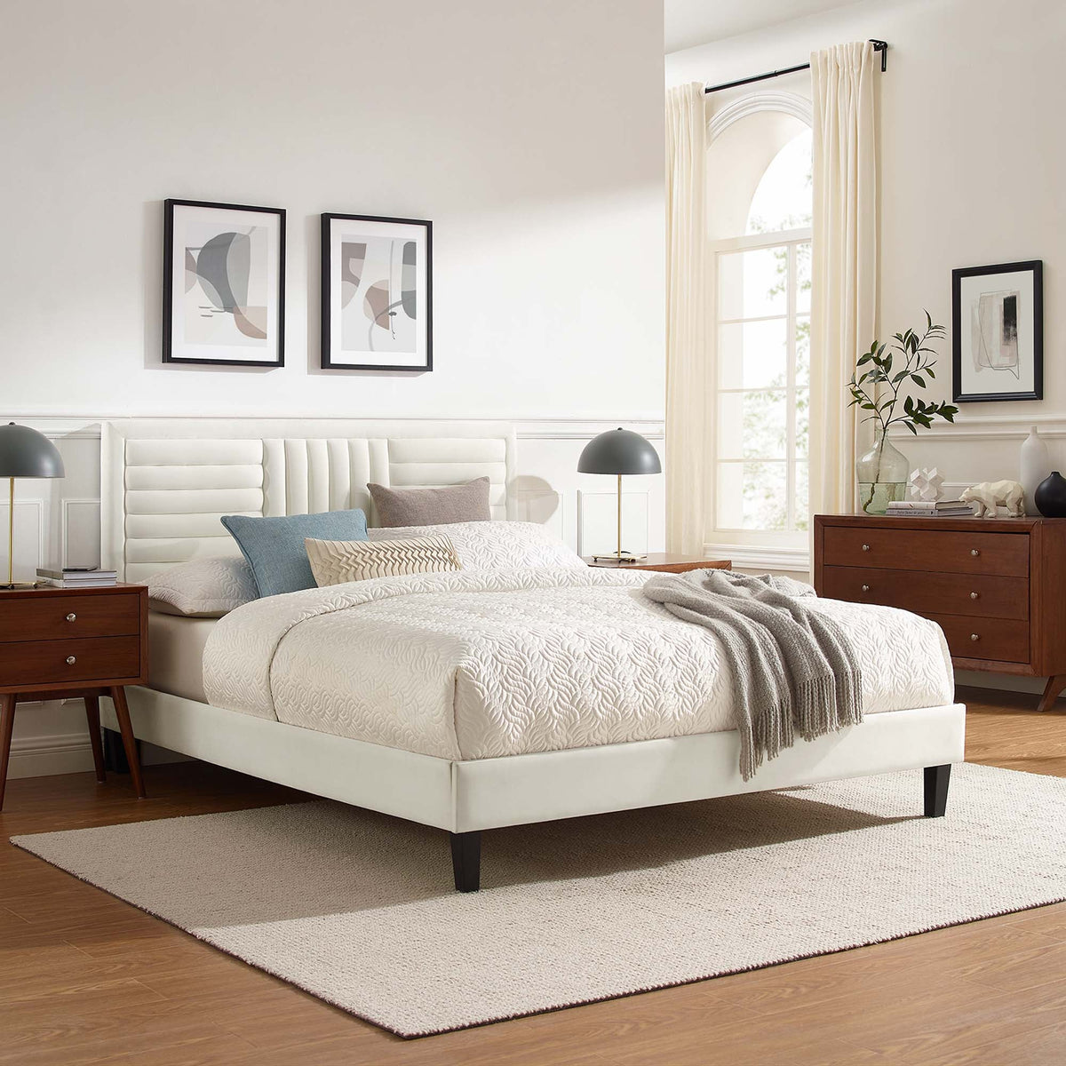 Sofia Channel Tufted Performance Velvet Platform Bed With Black Wood Legs