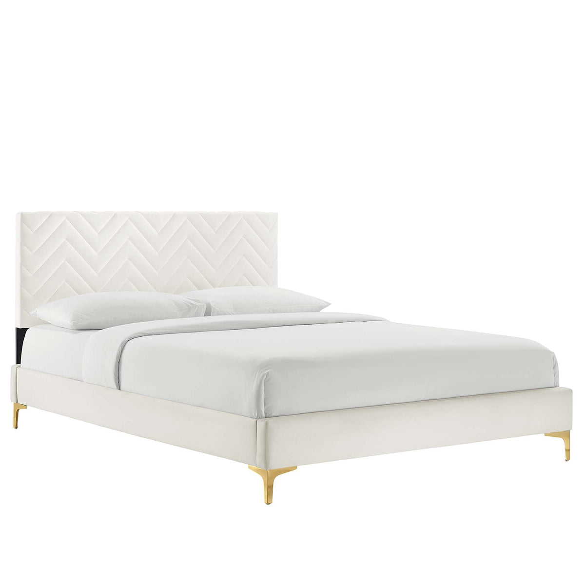 Leah Chevron Tufted Performance Velvet Platform Bed With Gold Metal Legs - view 1
