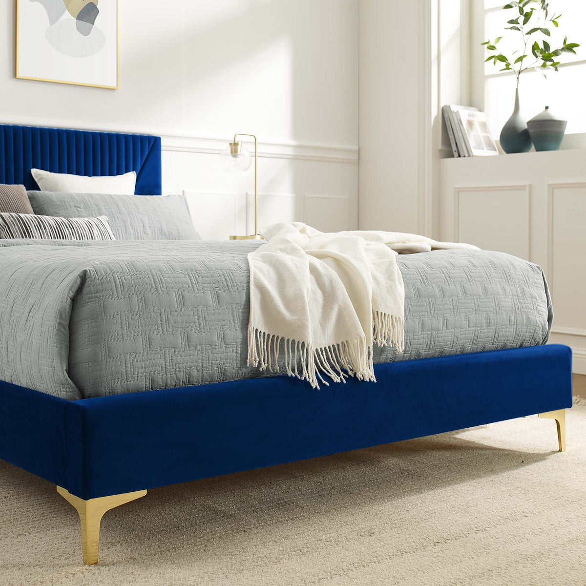 Yasmine Channel Tufted Performance Velvet Platform Bed With Gold Metal Legs - view 21