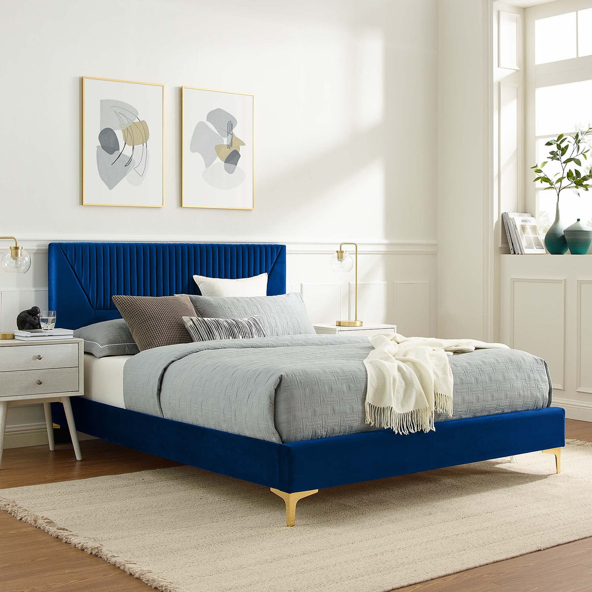 Yasmine Channel Tufted Performance Velvet Platform Bed With Gold Metal Legs - view 24
