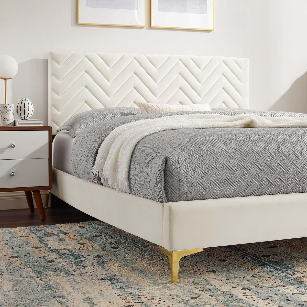 Leah Chevron Tufted Performance Velvet Platform Bed With Gold Metal Legs - view 20