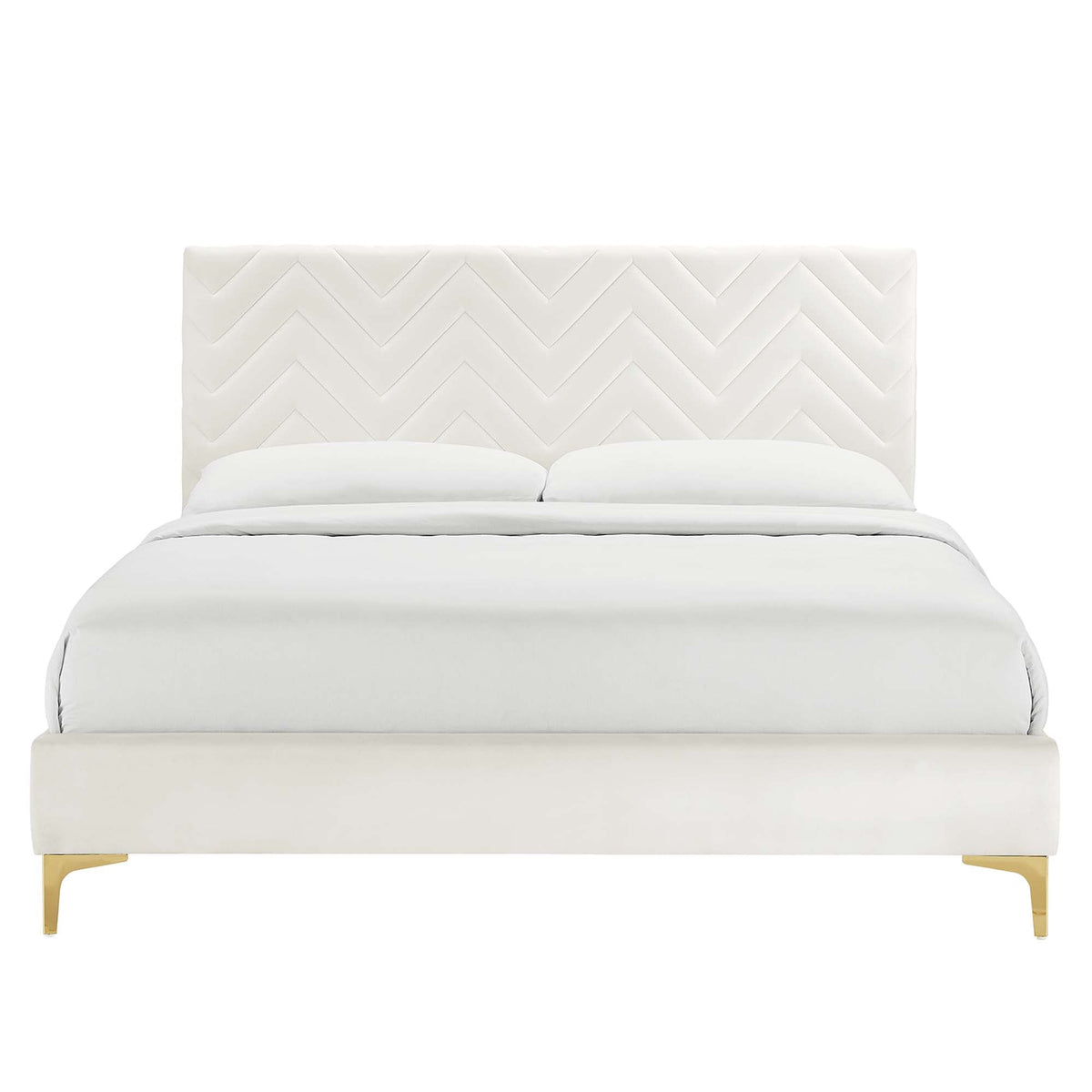 Leah Chevron Tufted Performance Velvet Platform Bed With Gold Metal Legs - view 9