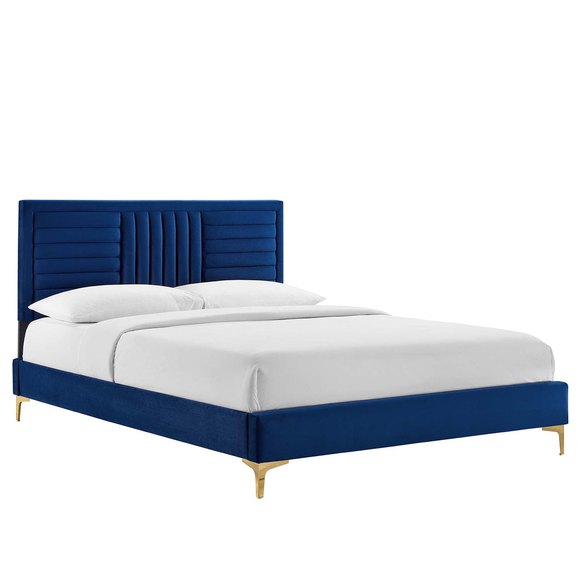 Sofia Channel Tufted Performance Velvet Platform Bed With Gold Metal Legs