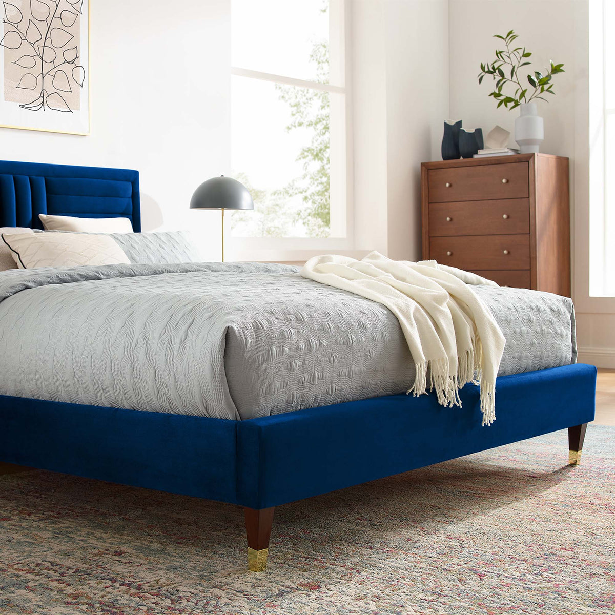 Sofia Channel Tufted Performance Velvet Platform Bed With Wood and Gold Legs