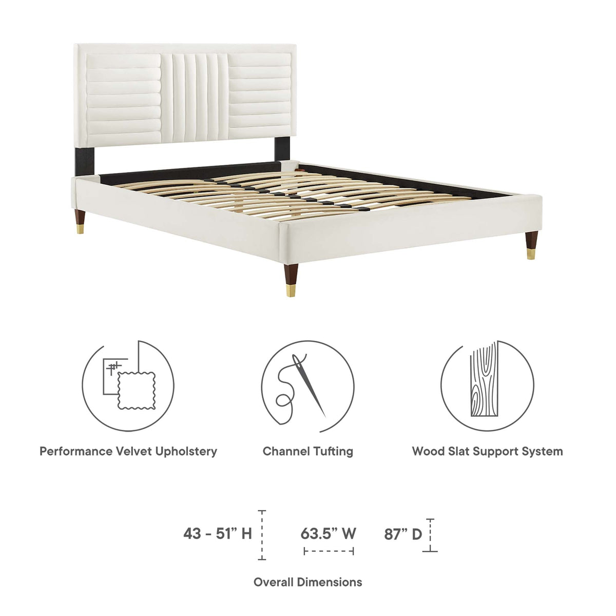 Sofia Channel Tufted Performance Velvet Platform Bed With Wood and Gold Legs