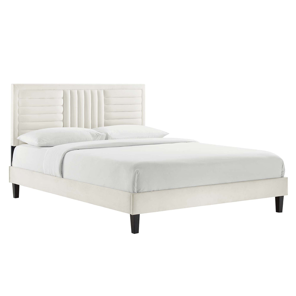 Sofia Channel Tufted Performance Velvet Platform Bed With Black Wood Legs