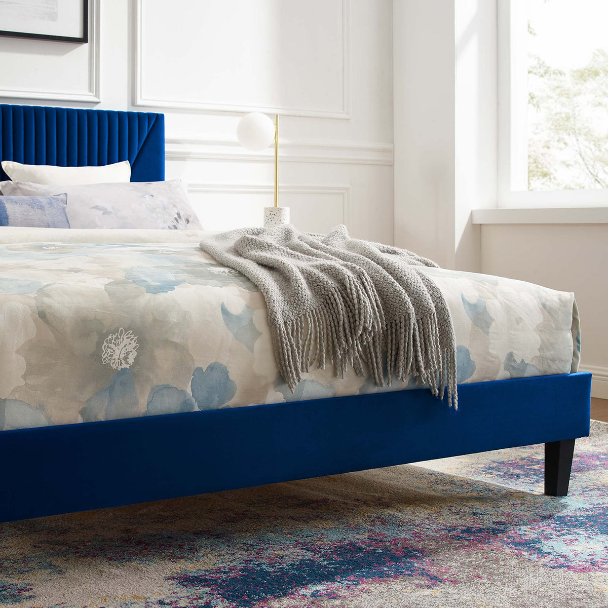 Yasmine Channel Tufted Performance Velvet Platform Bed With Black Wood Legs