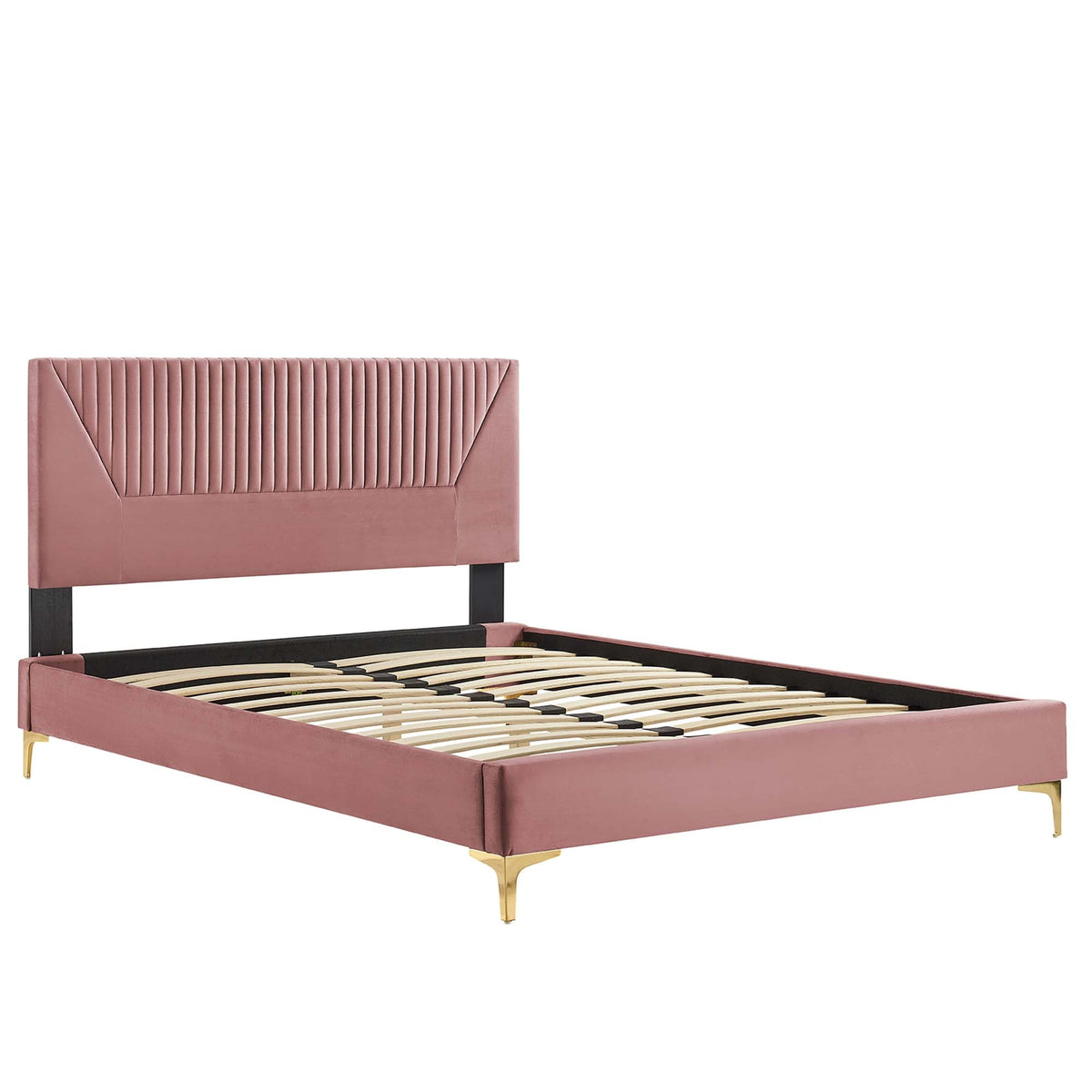 Yasmine Channel Tufted Performance Velvet Platform Bed With Gold Metal Legs - view 11