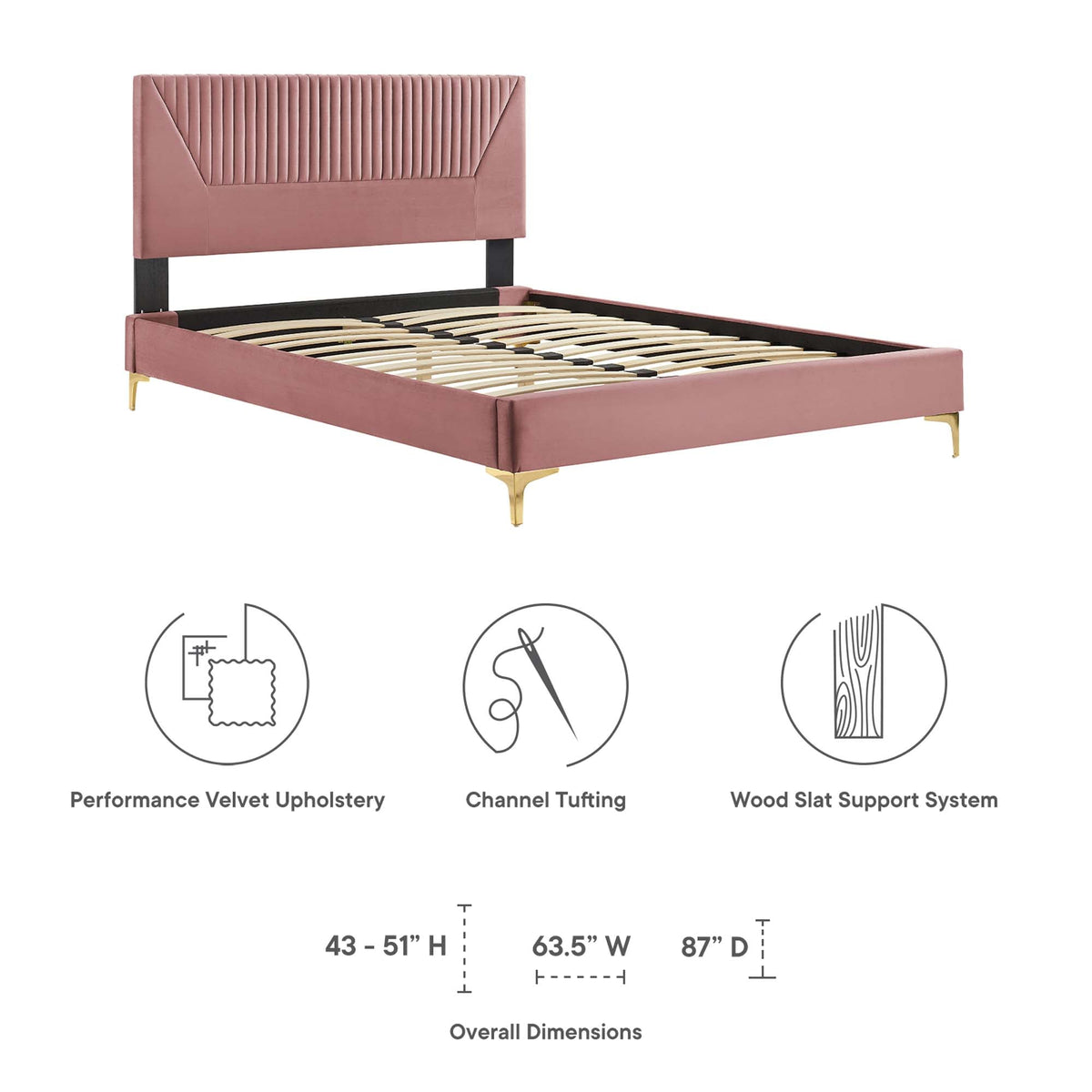 Yasmine Channel Tufted Performance Velvet Platform Bed With Gold Metal Legs - view 17