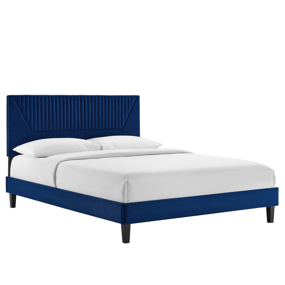 Yasmine Channel Tufted Performance Velvet Platform Bed With Black Wood Legs, King, Navy - view 1