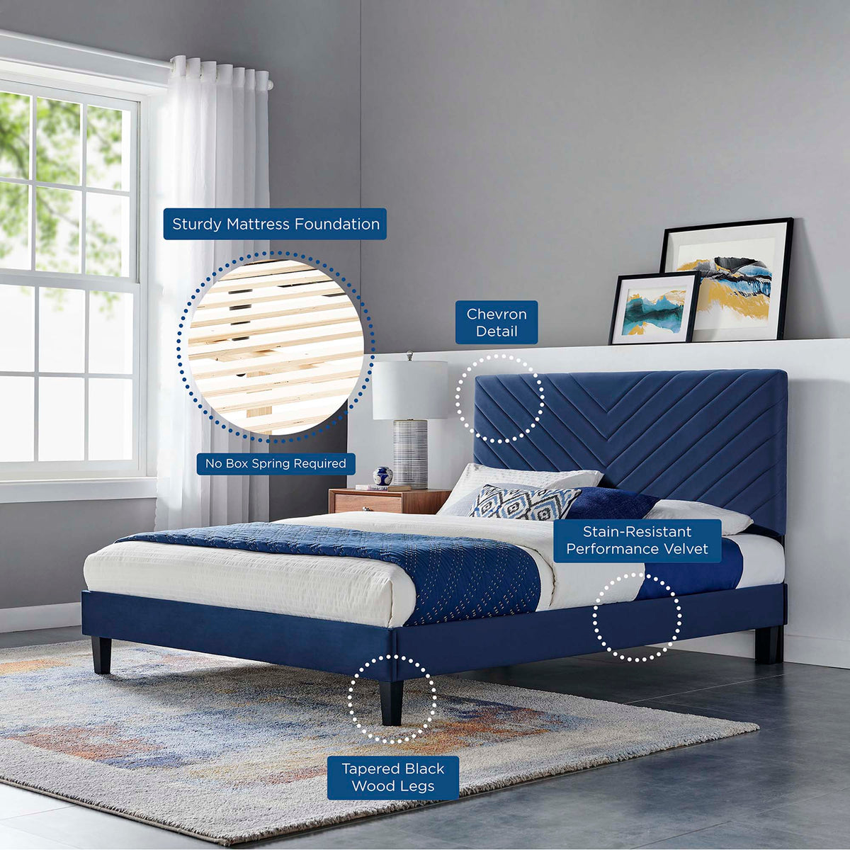 Roxanne Performance Velvet Platform Bed With Black Wood Legs - view 52