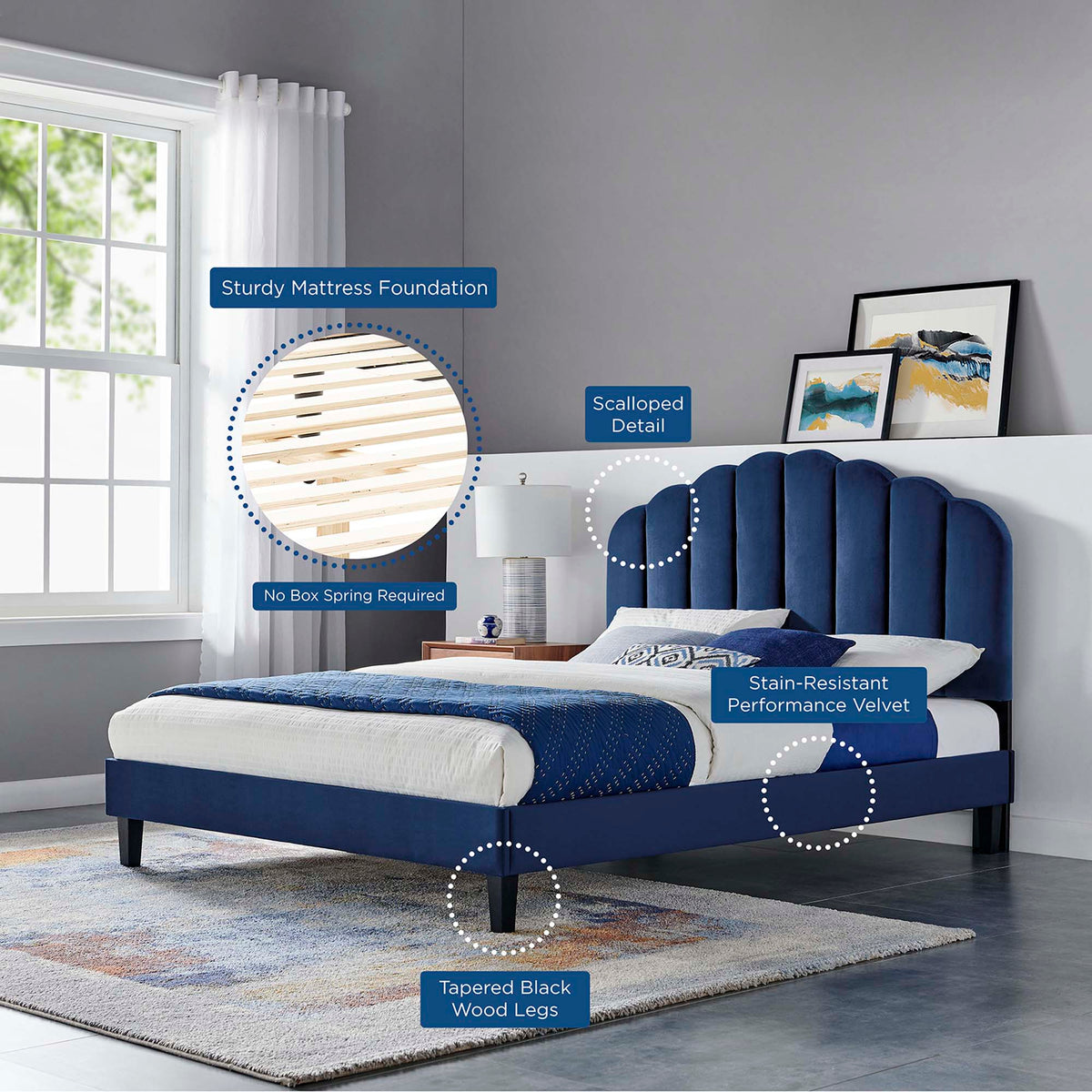 Daisy Performance Velvet Platform Bed With Black Wood Legs