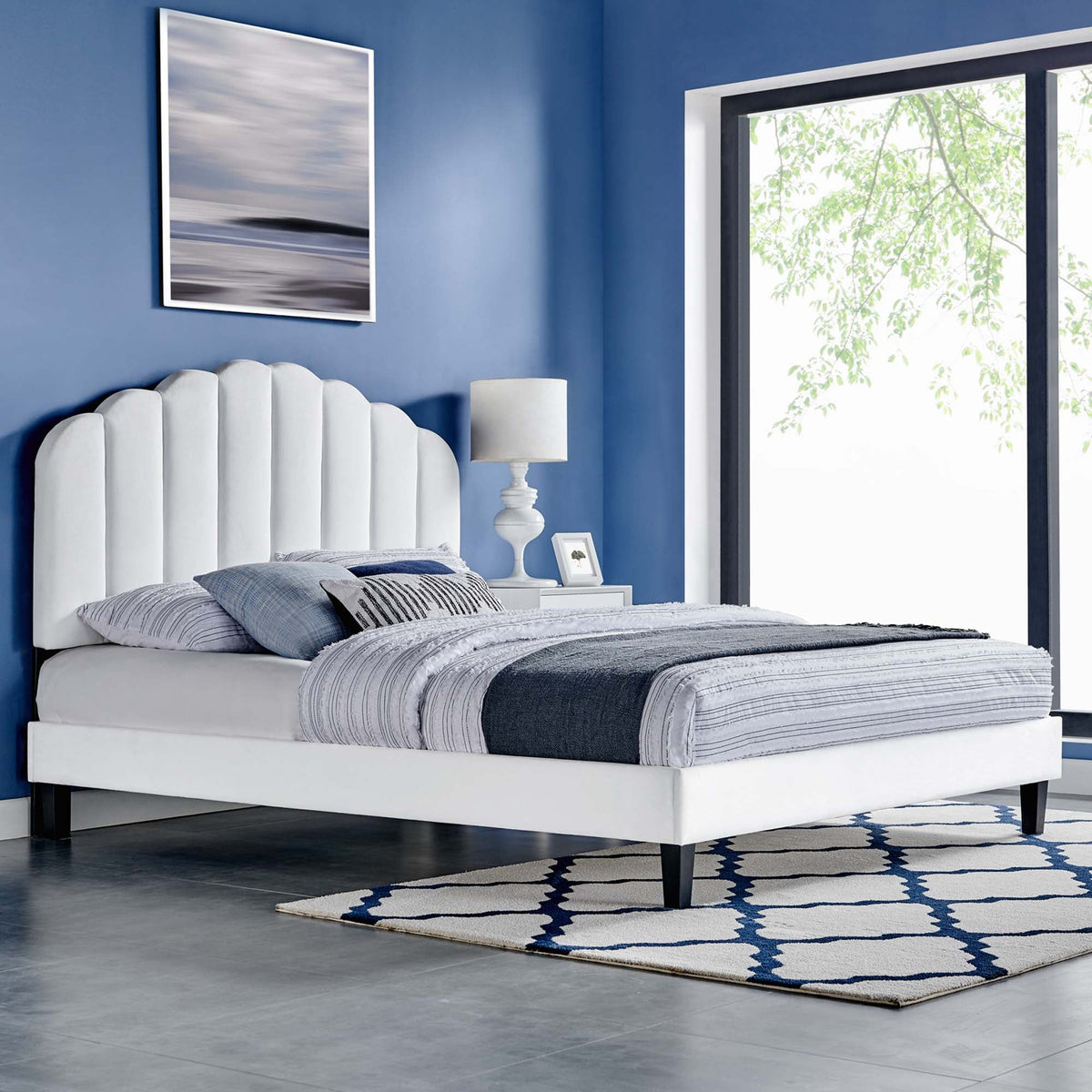 Daisy Performance Velvet Platform Bed With Black Wood Legs