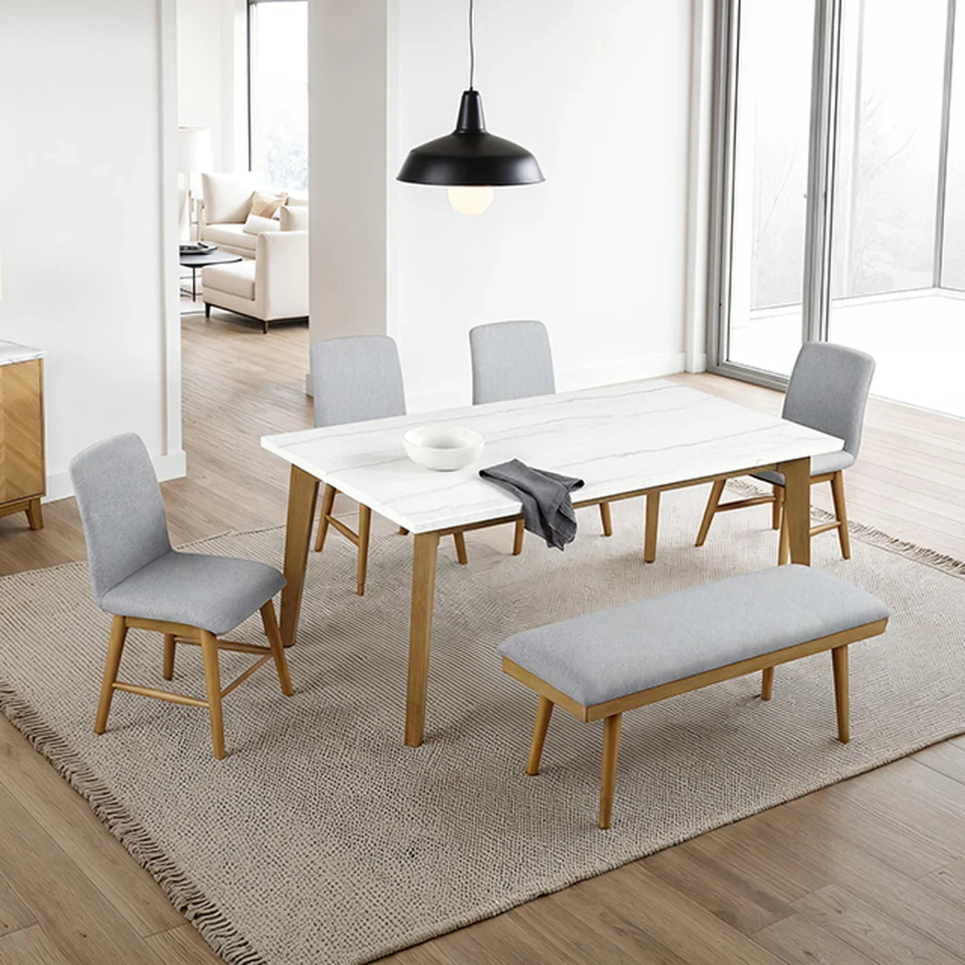 Mandier Transitional Natural Genuine Marble Top Rectangular Dining Table