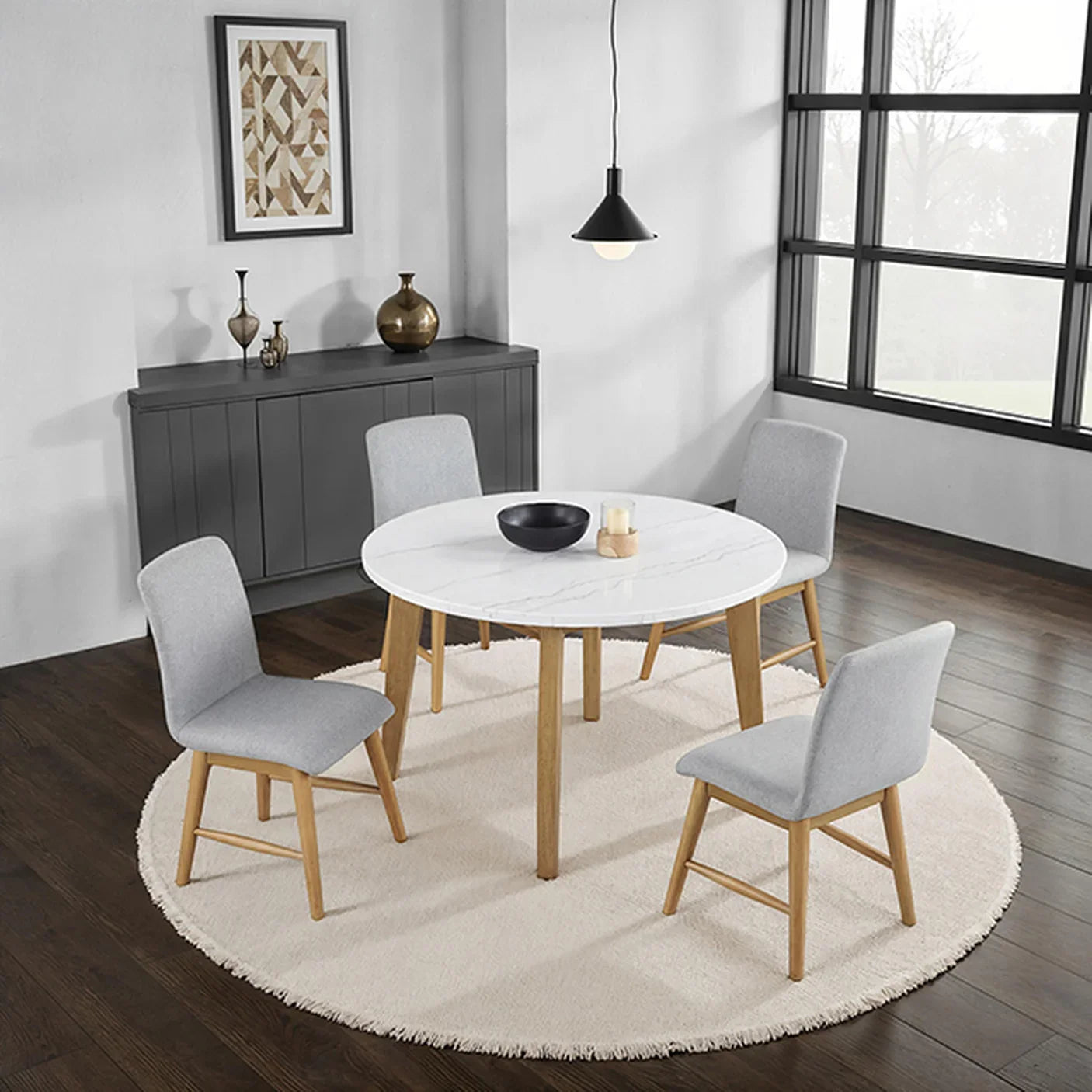 Mandier Transitional Natural Genuine Marble Top Round Dining Table with Storage Base